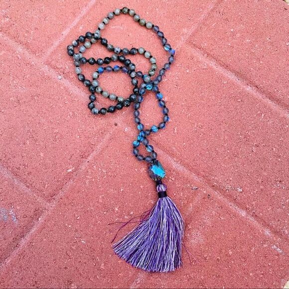 Spiritual Mystery Gemstone Mala Necklace Labradorite and Mermaid Glass - Picture 3 of 6